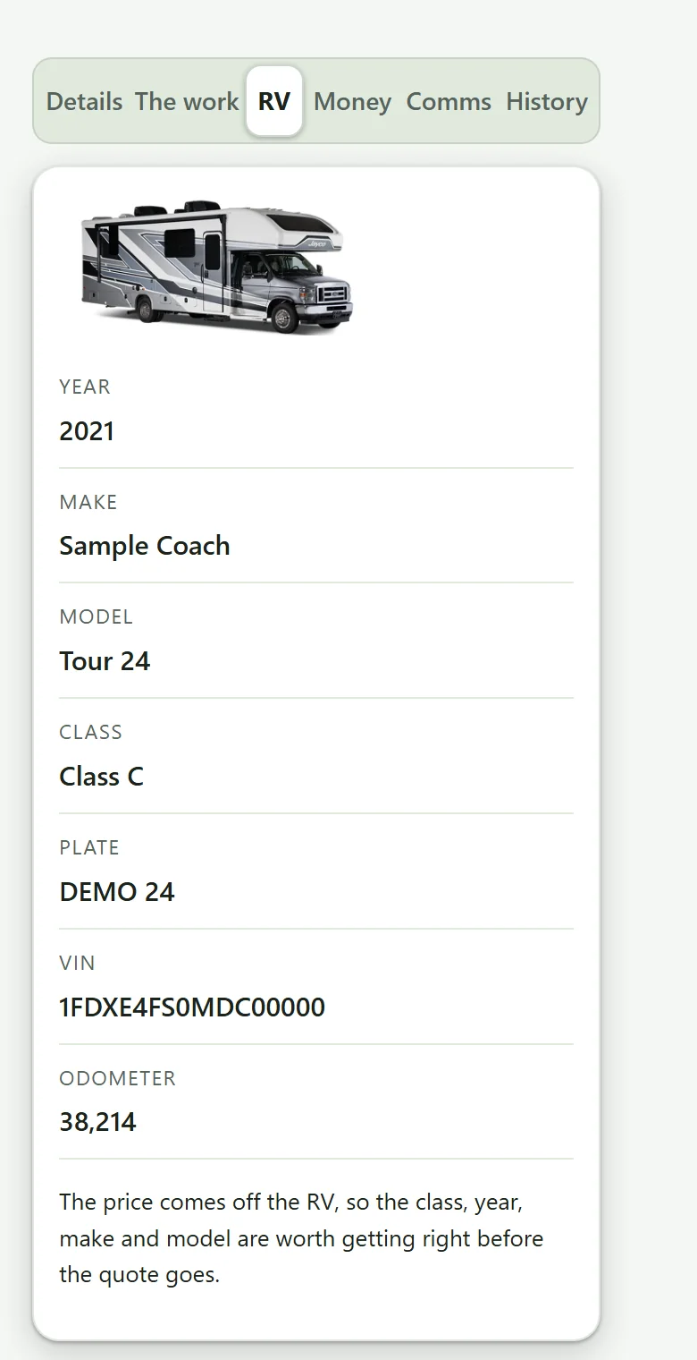 One RV's record: year, make, model, class, plate, VIN and odometer