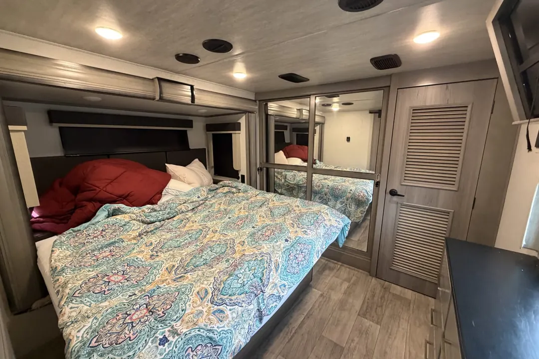 The bedroom of a 2021 Keystone Montana fifth wheel