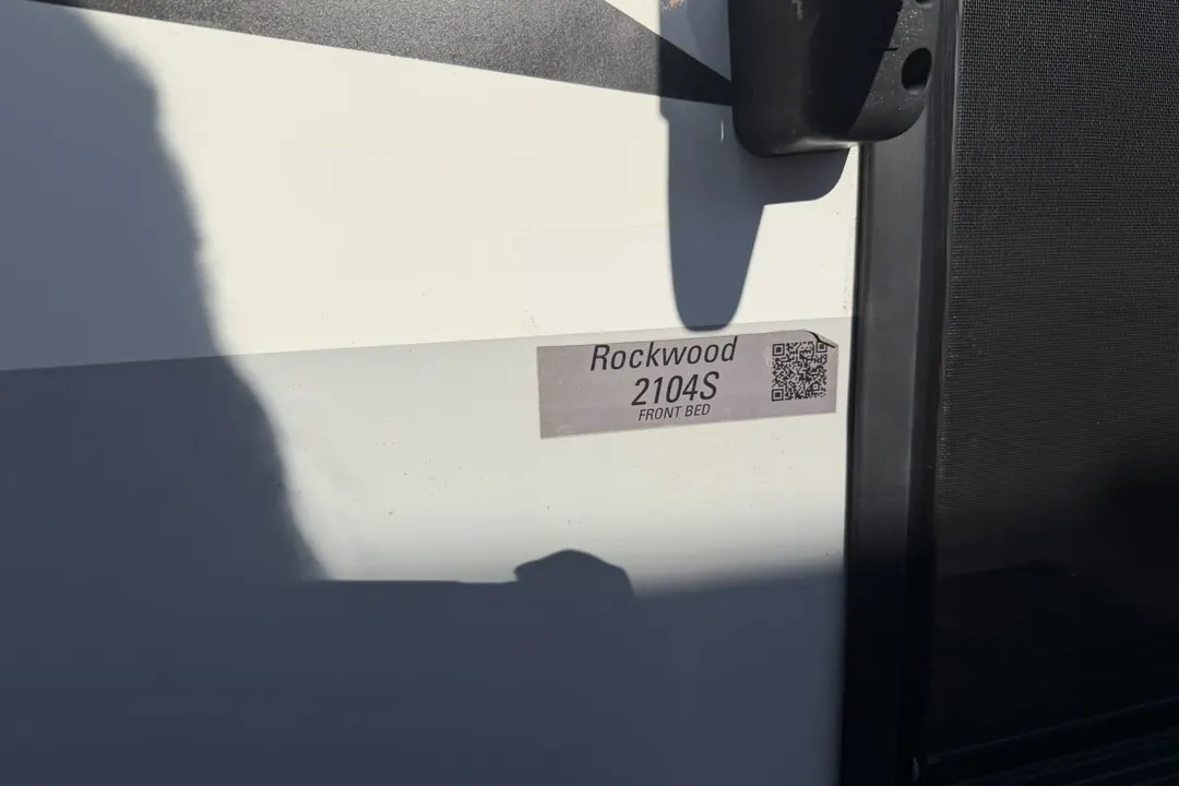 The model label on the side of a 2021 Forest River Rockwood Mini Lite