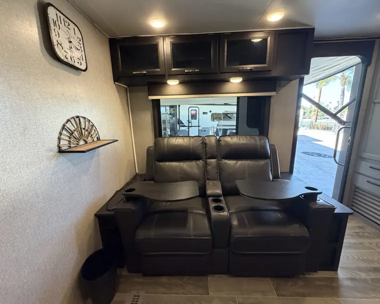 Theater seats in the living area of a 2021 Jayco Jay Feather 22RK travel trailer